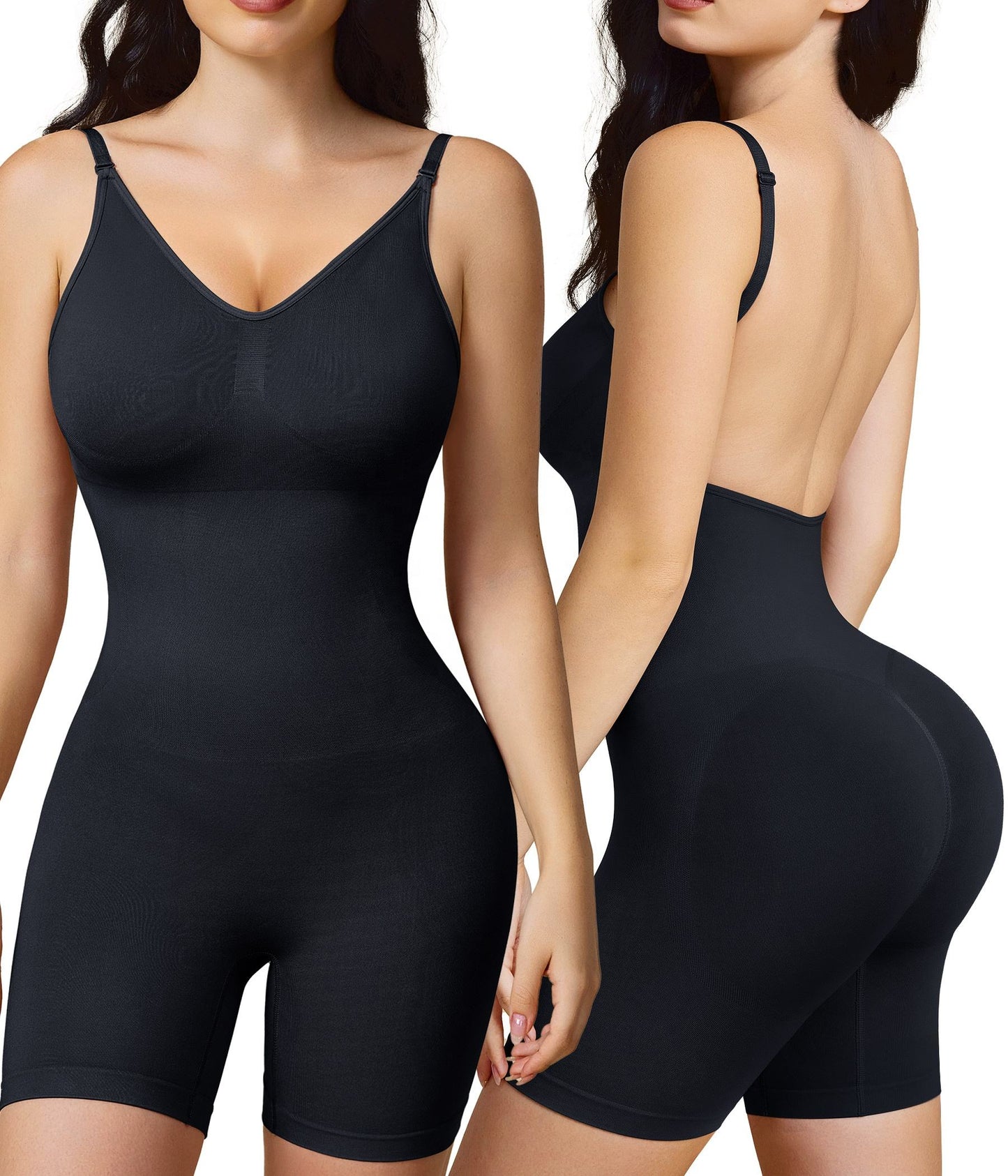 Women’s Backless Bodysuit Shapewear – Firm Tummy Control Slimming Butt Lifter Shorts with V-Neck Seamless Body Shaper