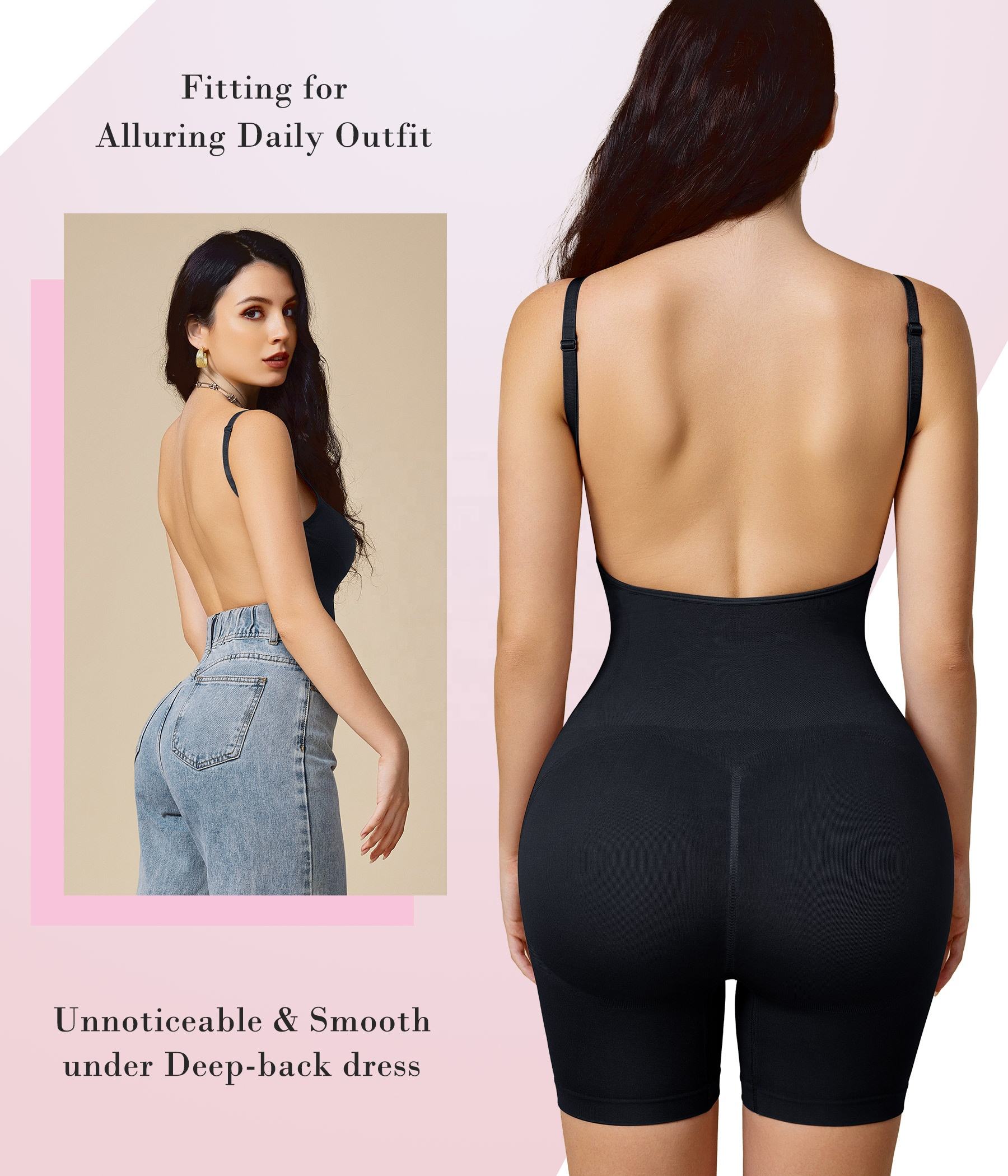 Women’s Backless Bodysuit Shapewear – Firm Tummy Control Slimming Butt Lifter Shorts with V-Neck Seamless Body Shaper