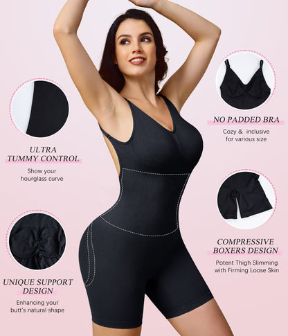 Women’s Backless Bodysuit Shapewear – Firm Tummy Control Slimming Butt Lifter Shorts with V-Neck Seamless Body Shaper