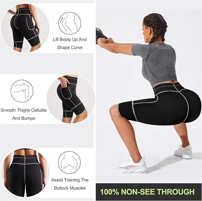 TrainingGirl Women's Hot Neoprene Sauna Sweat Shorts with Pocket Weight Loss Slimming Pants Workout Body Shaper Yoga Leggings
