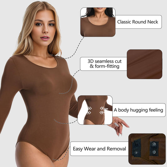 +MD Round Neck Bodysuit Long Sleeve Slimming Waist Coffee Size M