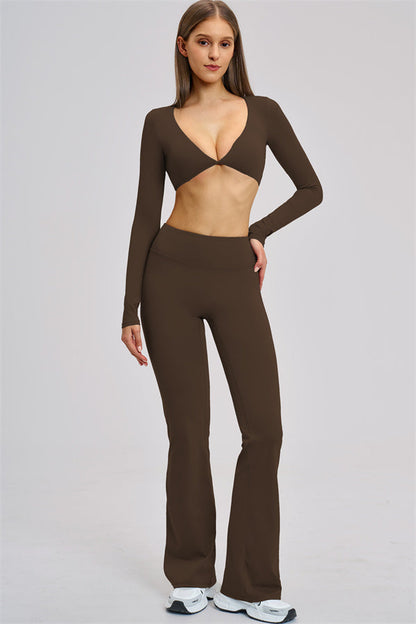 The Zestful Long Sleeve Crop Top Flared Leggings 2-Piece Set