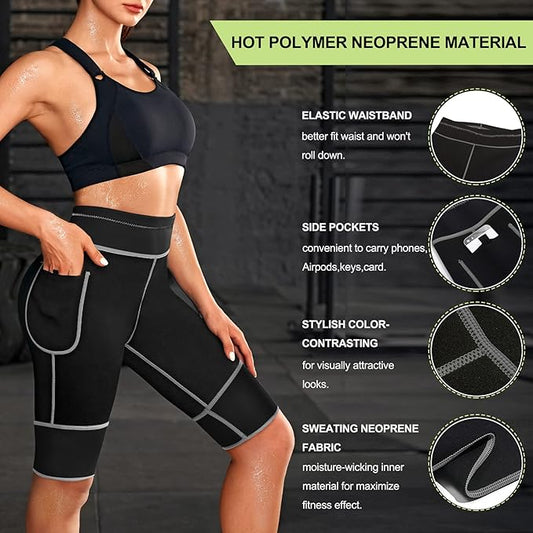 TrainingGirl Women's Hot Neoprene Sauna Sweat Shorts with Pocket Weight Loss Slimming Pants Workout Body Shaper Yoga Leggings