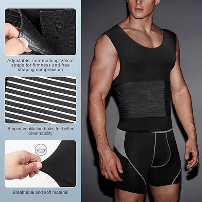 Odoland Men Body Shaper Compression Shirt, Adjustable Velcro Waist Trimmer Belt Intensity, Slimming Shapewear Tummy Control