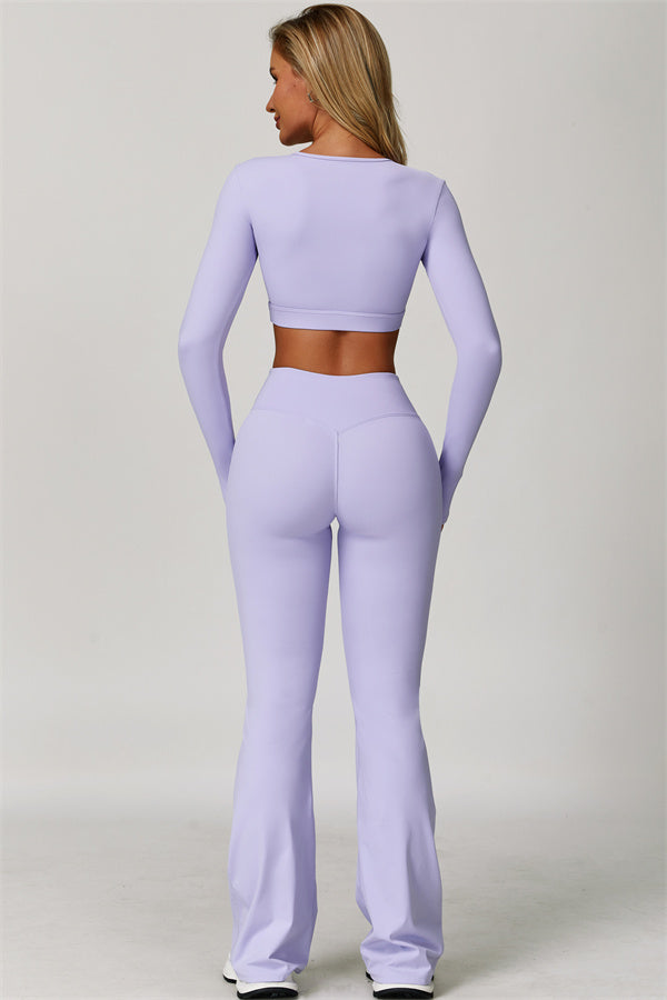 The Lavish Long Sleeve Cut-out Crop Top Flared Leggings 2-Piece Set