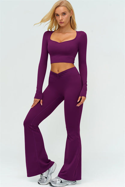 The Lushness Long Sleeve Crop Top Flared Leggings 2-Piece Set
