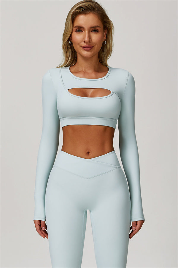 The Lavish Long Sleeve Cut-out Crop Top Flared Leggings 2-Piece Set