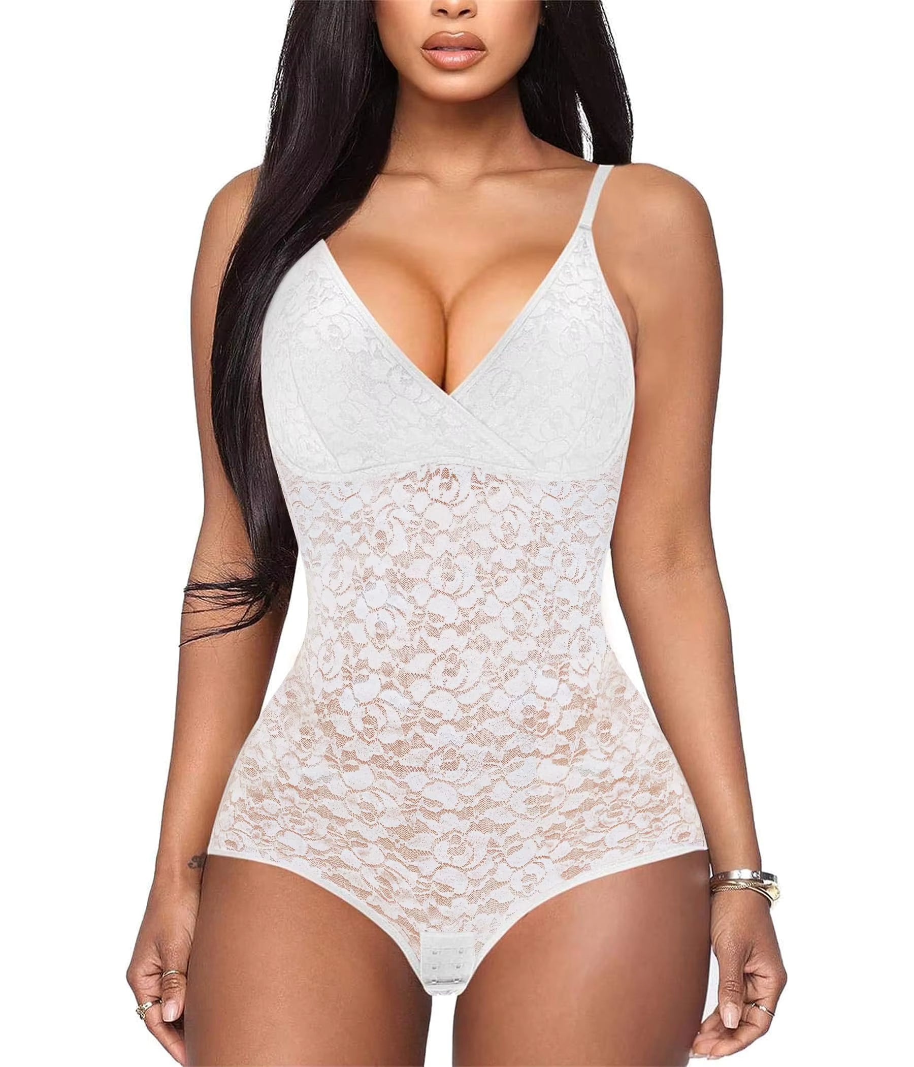 V-Neck Lace Shapewear Bodysuit for Women – Adjustable Straps, Tummy Control & Butt Lifter