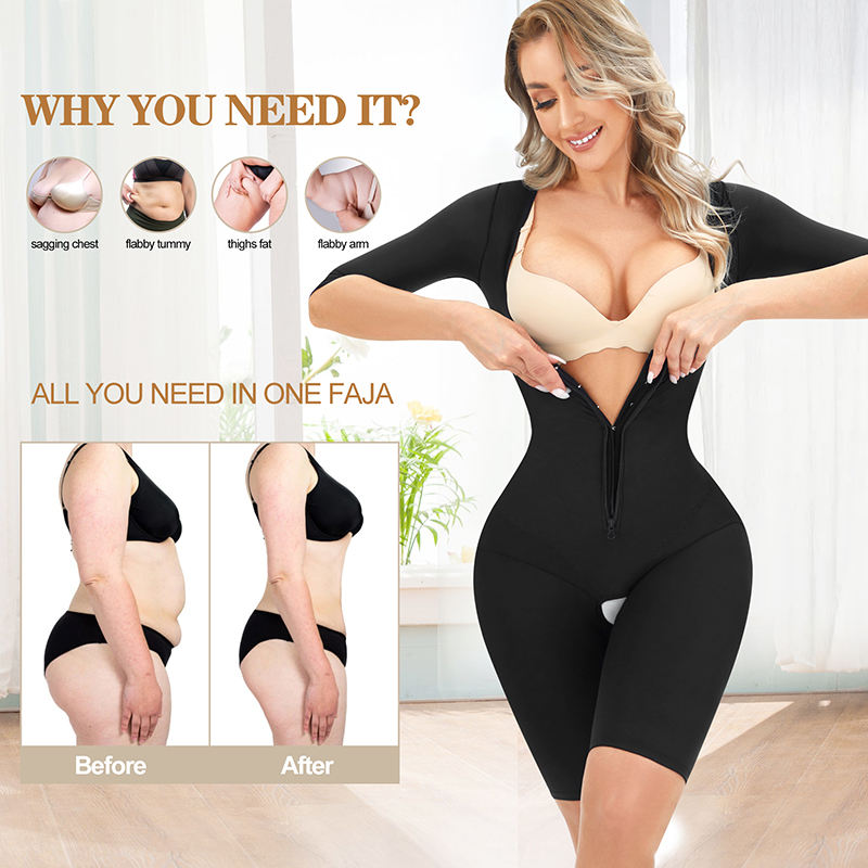 Woman wearing a black faja with before and after images on a light background