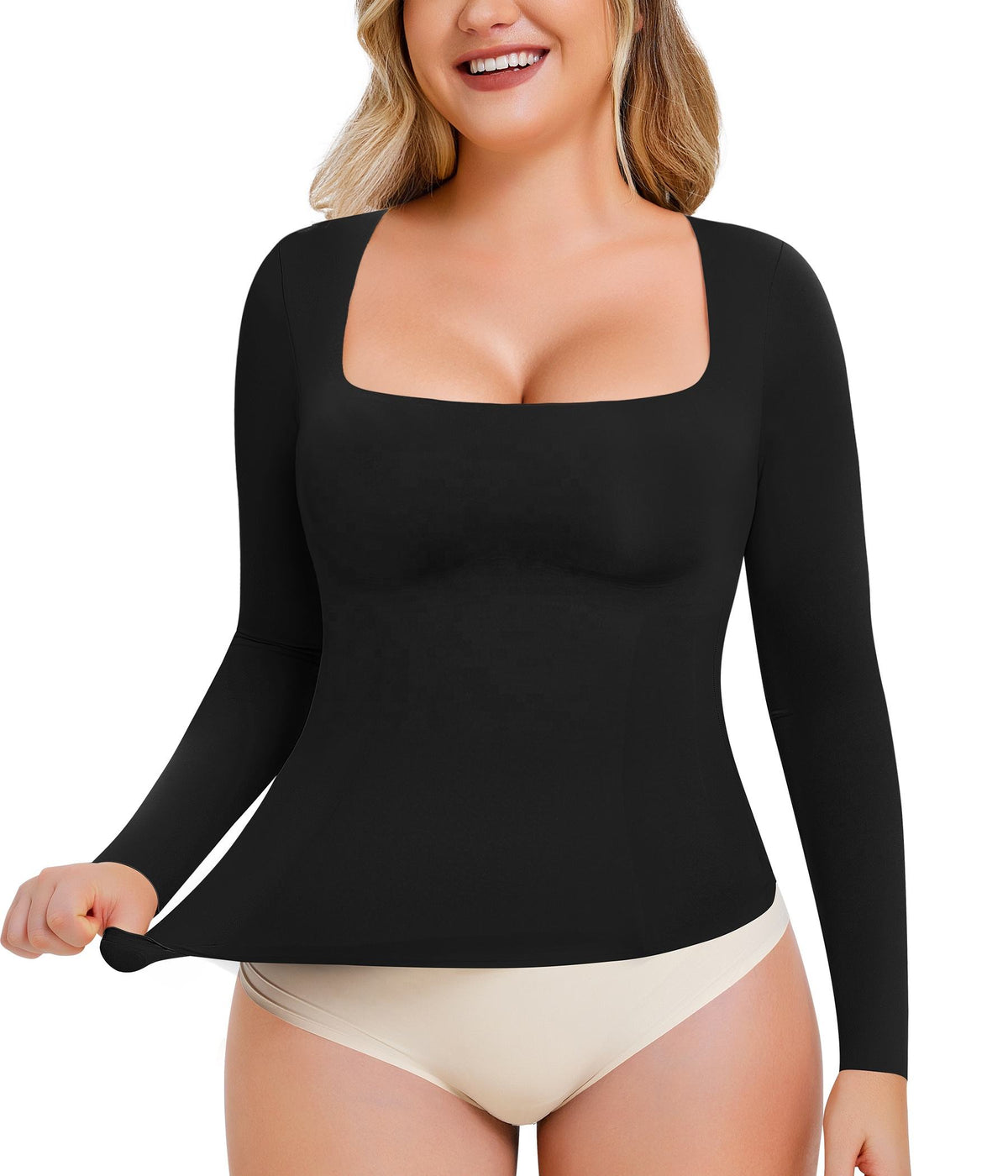 Women’s Tummy Control Shapewear Tank Top – Square Neck Long Sleeve Slimming Compression Top