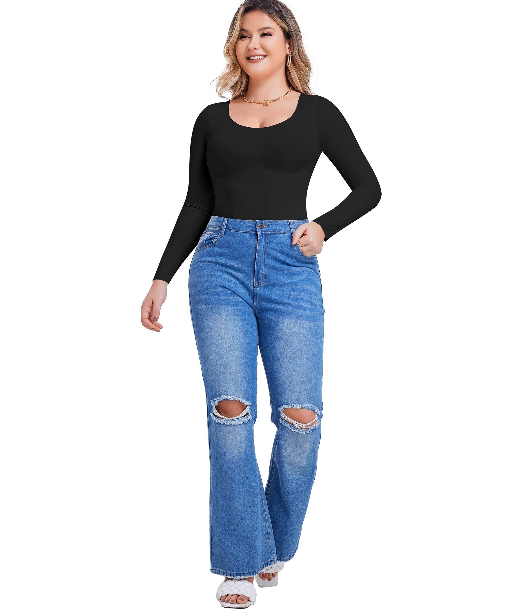 Long Sleeve Bodysuit for Women – Scoop Neck Thong Shapewear with Tummy Control & Slimming Fit