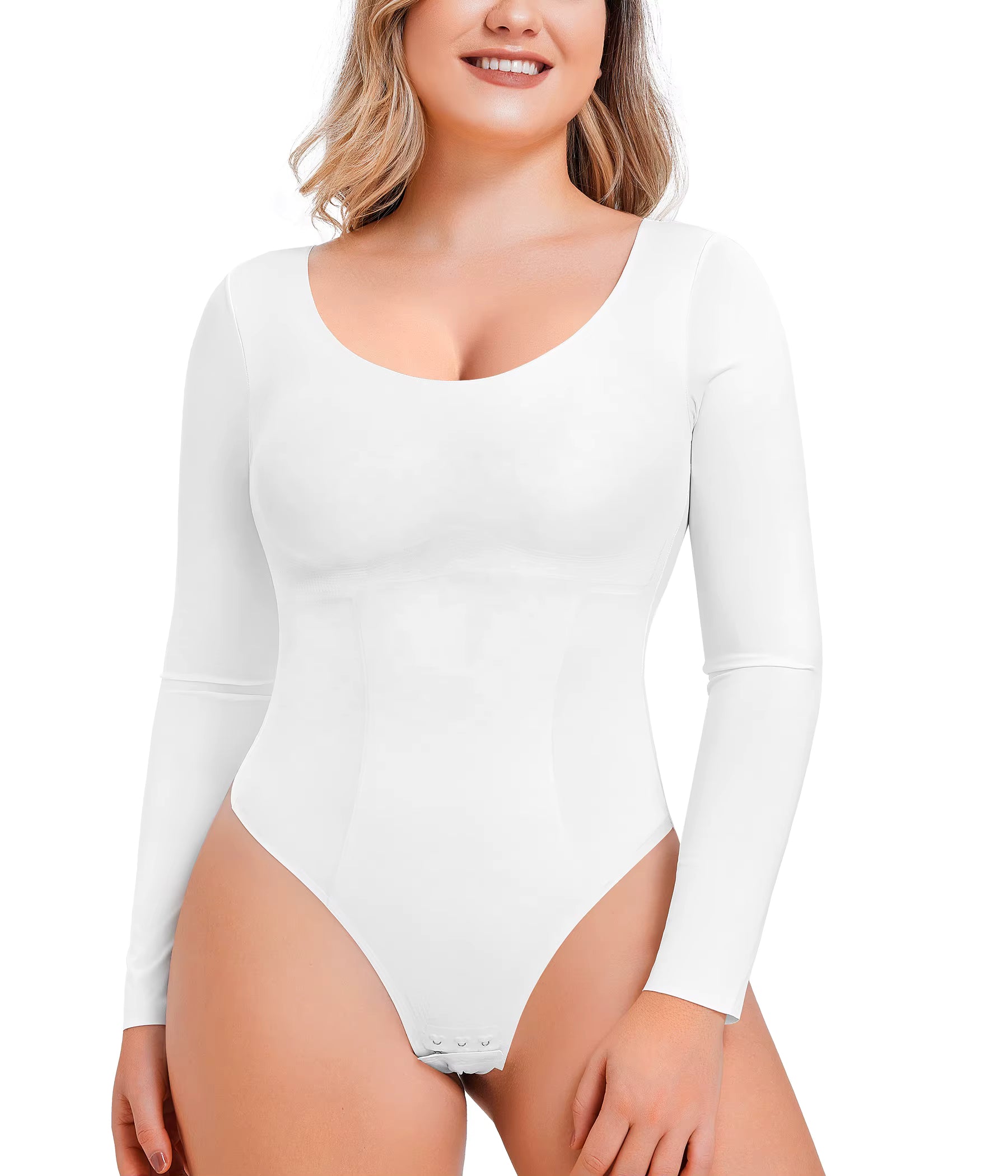 Long Sleeve Bodysuit for Women – Scoop Neck Thong Shapewear with Tummy Control & Slimming Fit