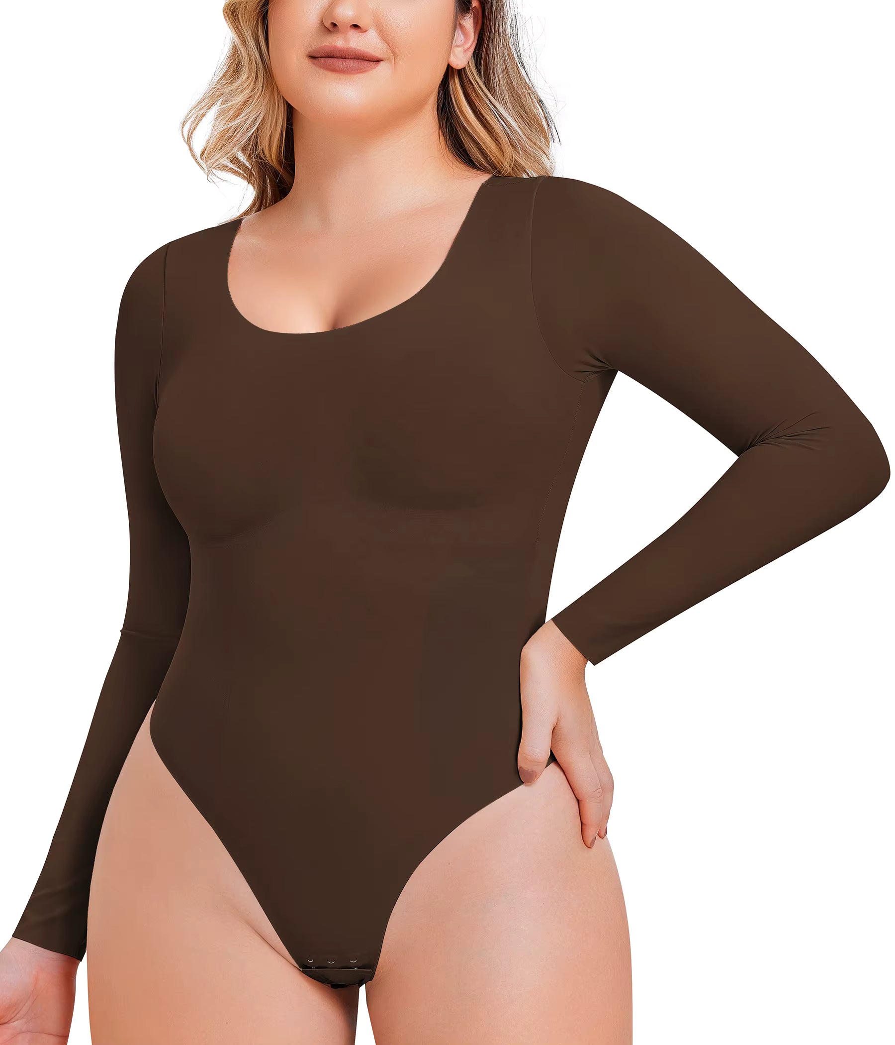 Long Sleeve Bodysuit for Women – Scoop Neck Thong Shapewear with Tummy Control & Slimming Fit