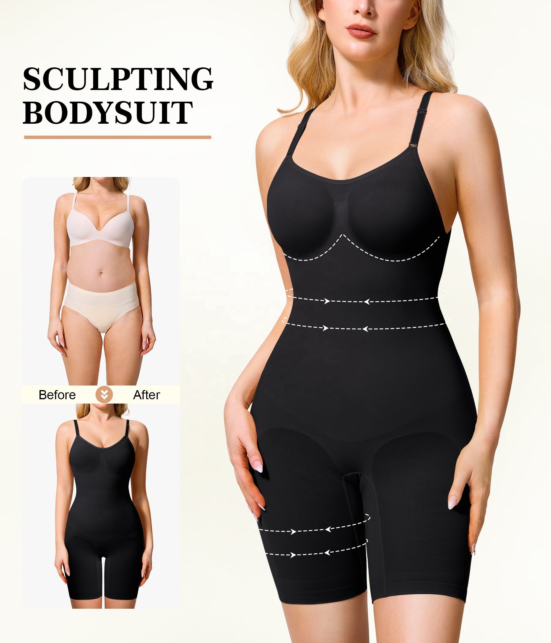 Women’s Seamless Shapewear Bodysuit – Firm Tummy Control Body Shaper with Hip Enhancer & Sculpting Design