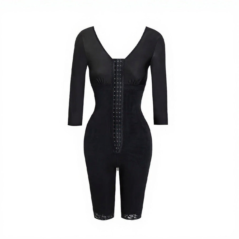 Black bodycon dress with lace-up front on a white background
