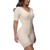 Beige shapewear garment worn by a model on a white background