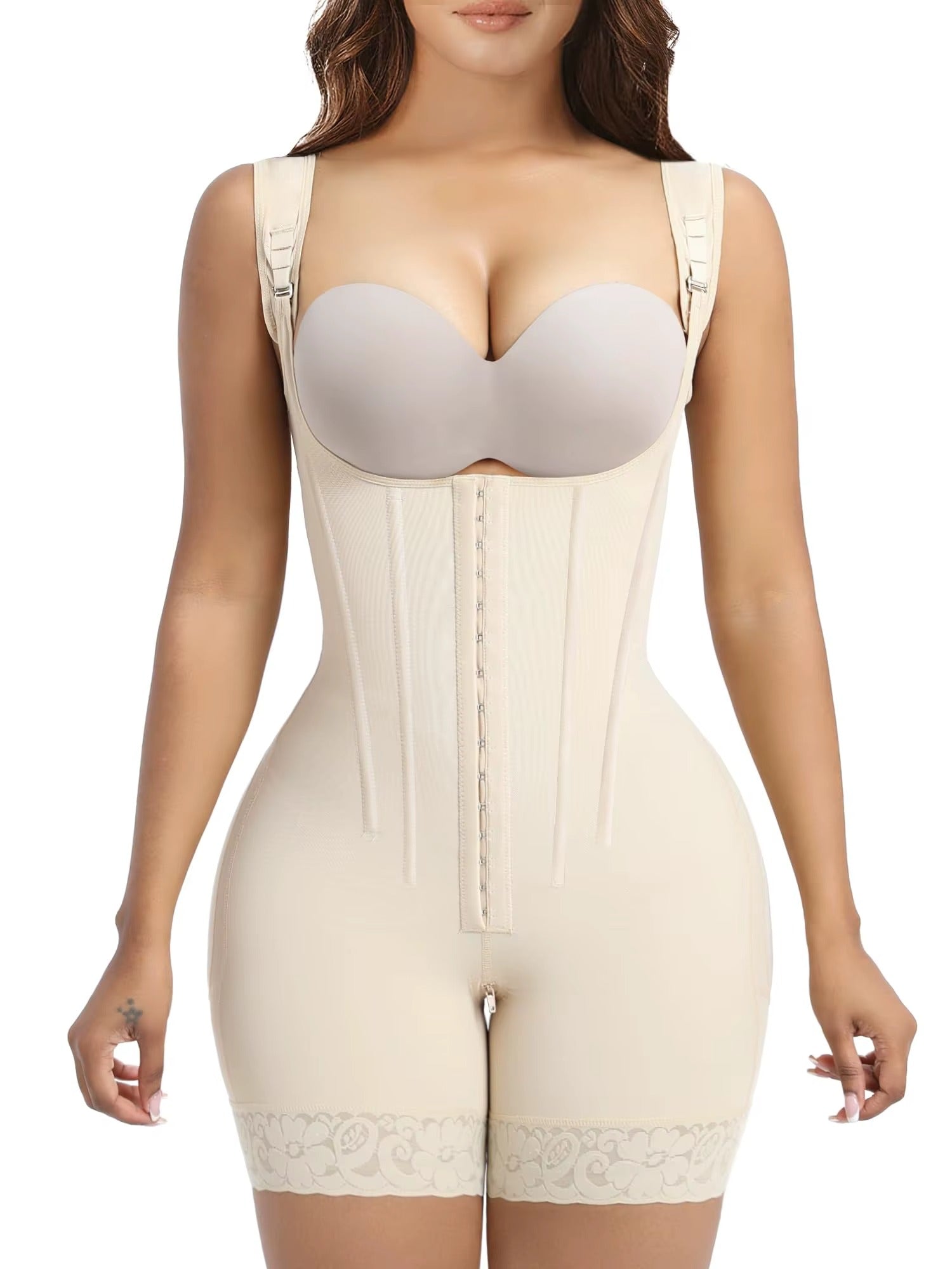 Full-body compression garment with bones for women.