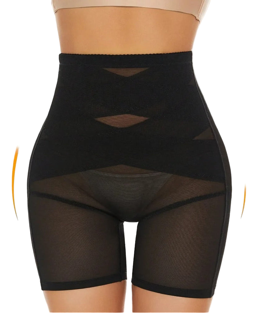 Black shapewear shorts on a beige background