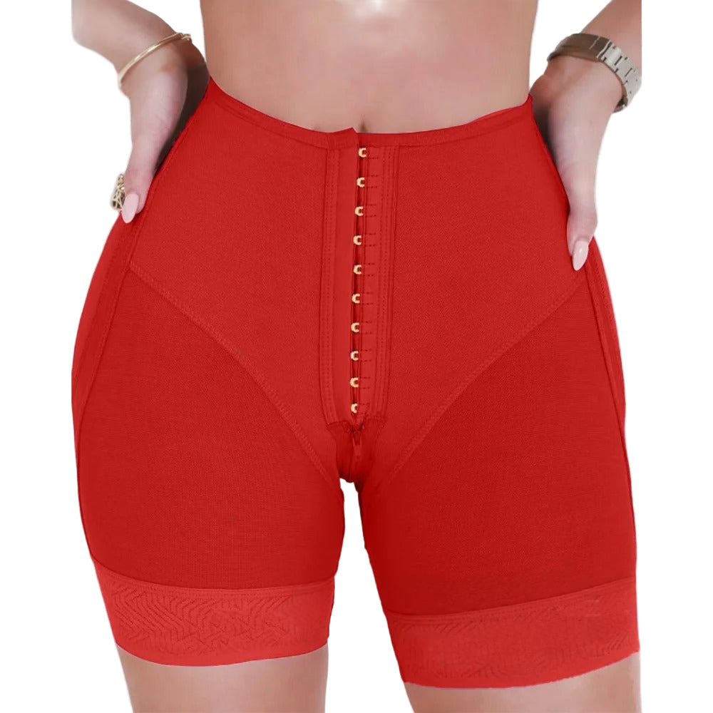 Red shorts with gold buttons on a white background