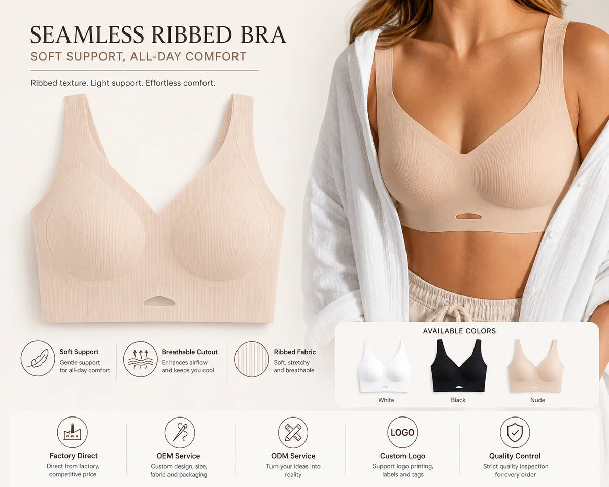 Women Vertical Ribbed Seamless Wireless Bralette Wide Strap – Sculpt Shape Wear