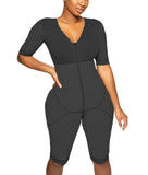Black jumpsuit worn by a model on a white background