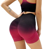Person wearing a black and pink gradient athletic outfit on a textured white background