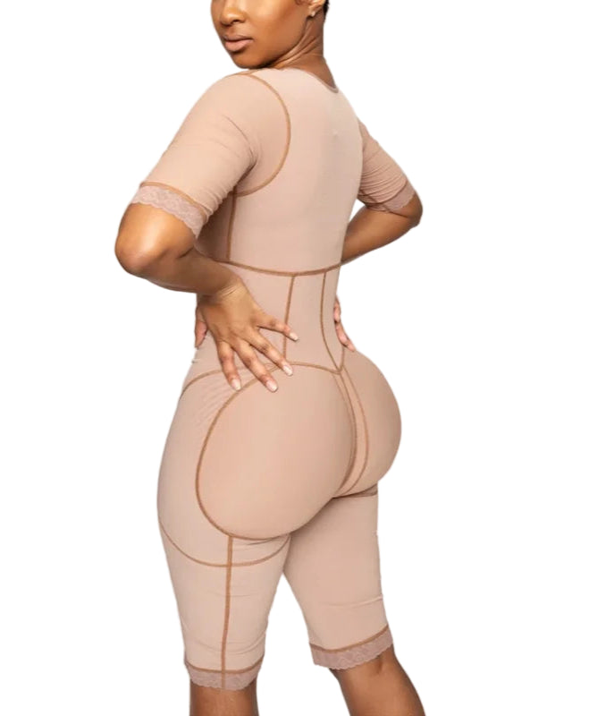 Beige body shaper worn by a model on a white background