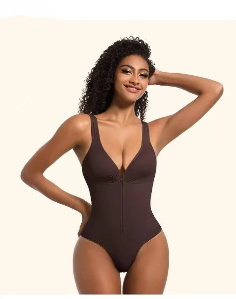 Women's Deep V-neck Front Zipper Jumpsuit with Abdominal – Elora Shape