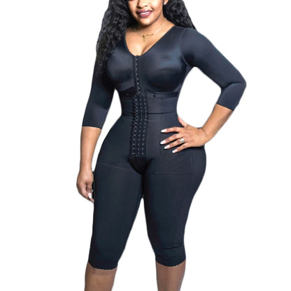 Women's Full Body Shapewear with Sleeves – Knee-Length Slimming Bodysuit with Butt Lifter & Front Hook Waist Trainer