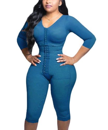 Woman wearing a blue jumpsuit on a white background