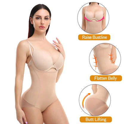 Women's Tummy Control Shapewear Bodysuit – Waist Trainer with Open Bust