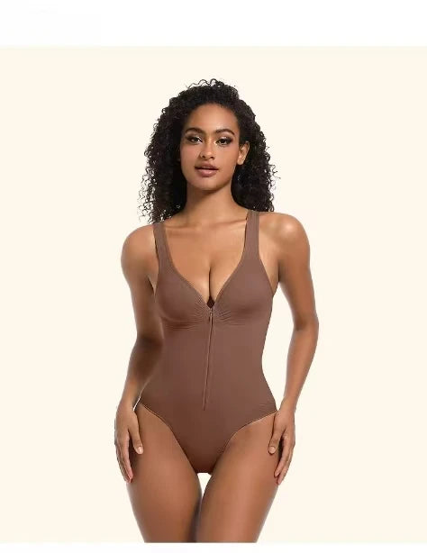 Women's Deep V-neck Front Zipper Jumpsuit with Abdominal – Elora Shape