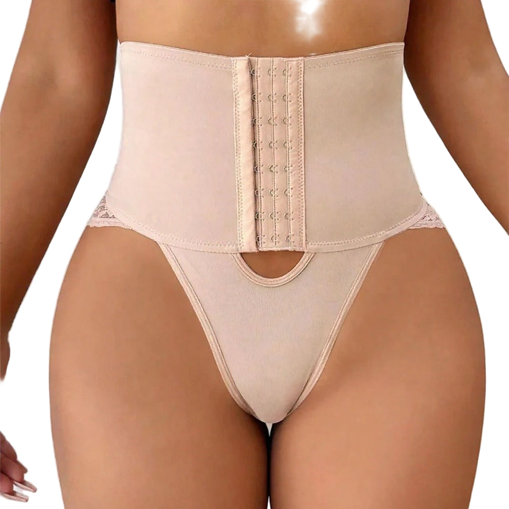 Beige waist trainer worn by a person on a white background