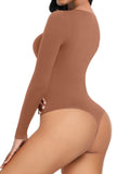 Brown bodysuit worn by a model on a white background
