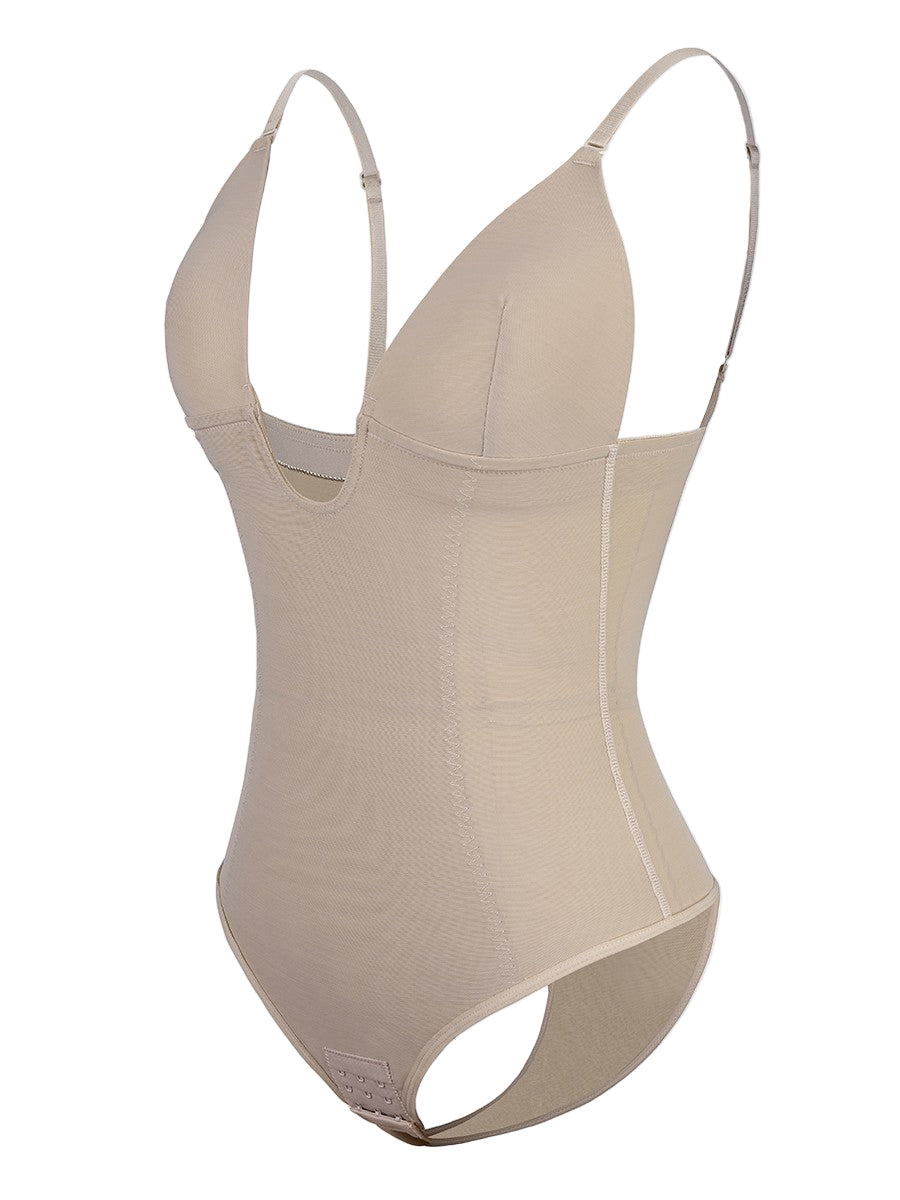 Black Plunge Low-Back Thong Shapewear Bodysuit Waist Slimmer – Adjustable & Padded