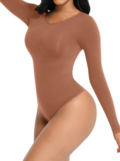 Brown bodysuit worn by a model on a white background