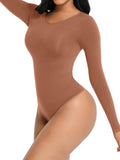 Brown bodysuit worn by a model on a white background