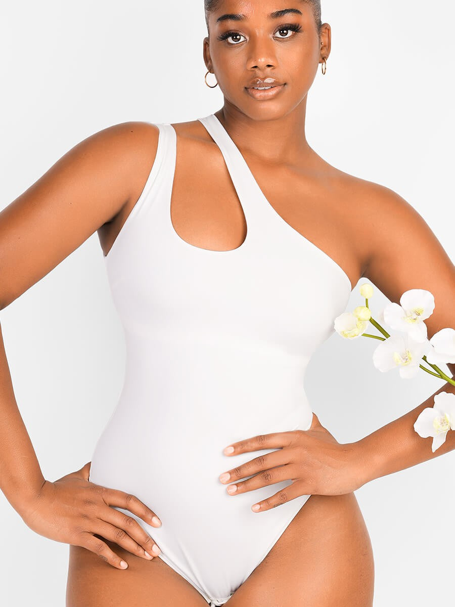 Asymmetrical Shoulder Cutout Shaping Bodysuit for Women – Tummy Control & Bust Support