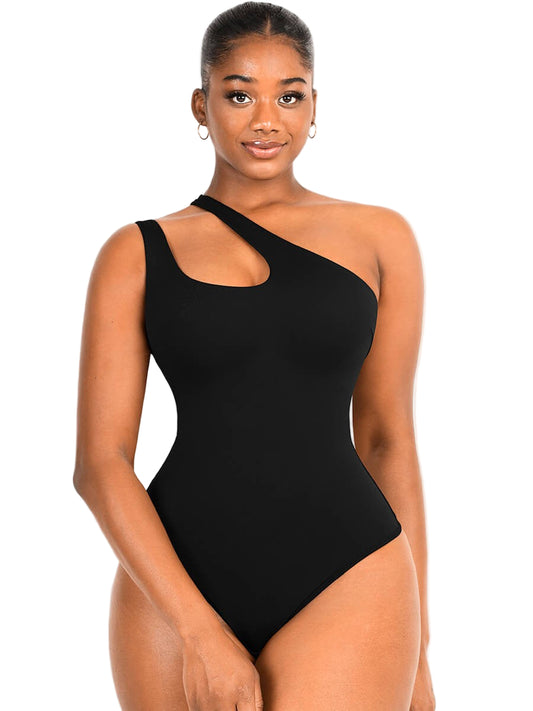 Asymmetrical Shoulder Cutout Shaping Bodysuit for Women – Tummy Control & Bust Support