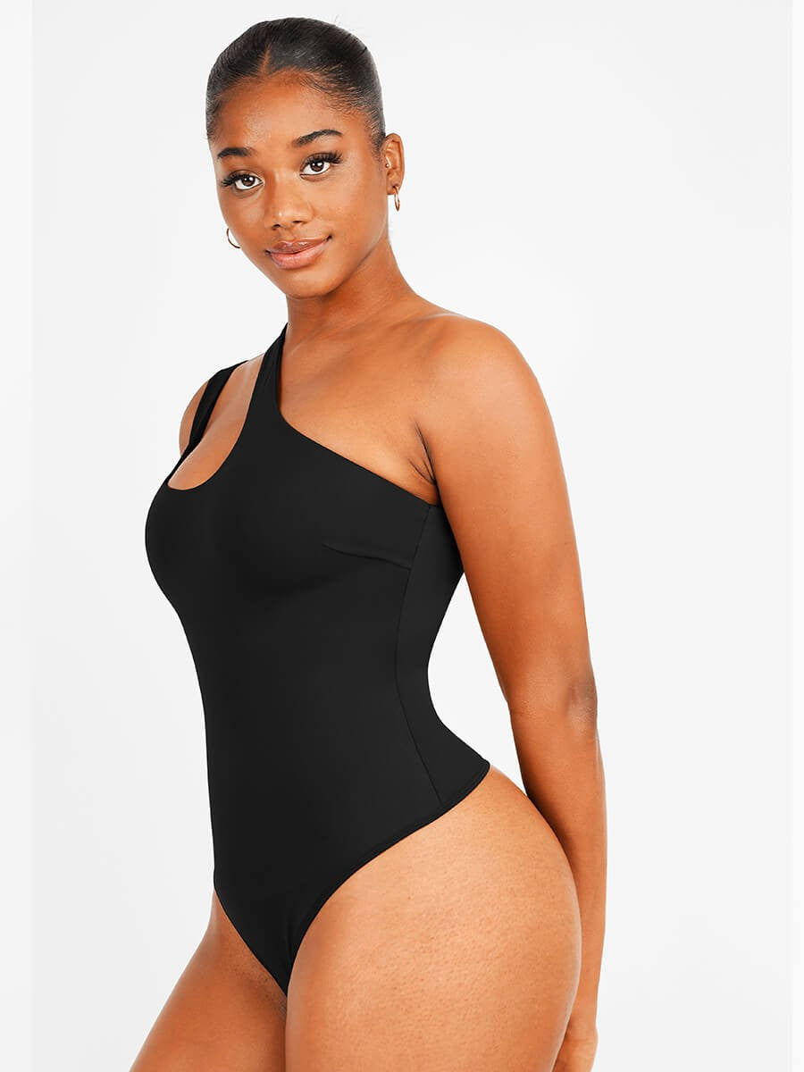Asymmetrical Shoulder Cutout Shaping Bodysuit for Women – Tummy Control & Bust Support