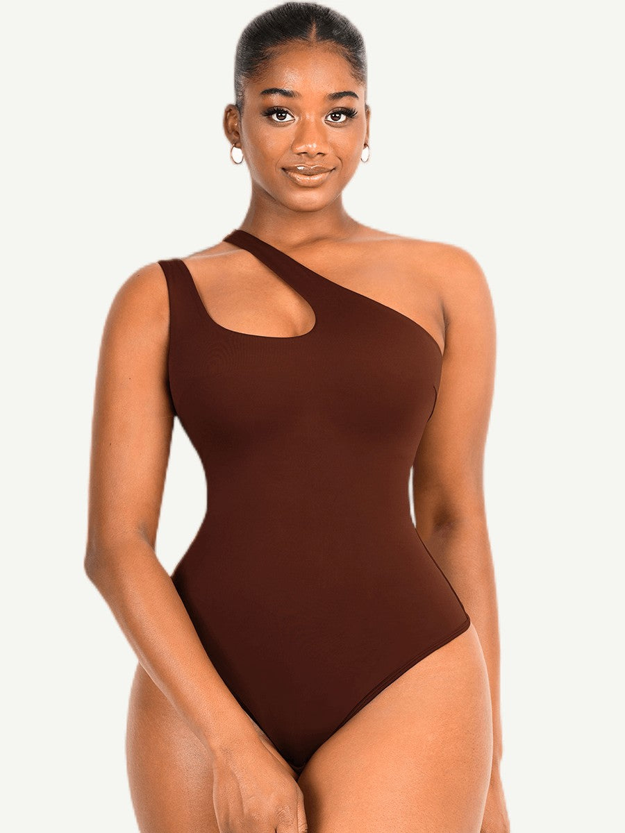 Asymmetrical Shoulder Cutout Shaping Bodysuit for Women – Tummy Control & Bust Support