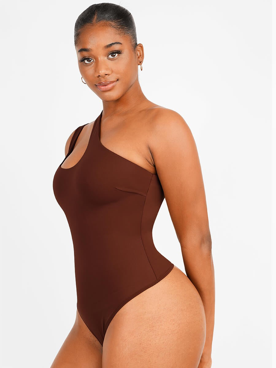 Asymmetrical Shoulder Cutout Shaping Bodysuit for Women – Tummy Control & Bust Support