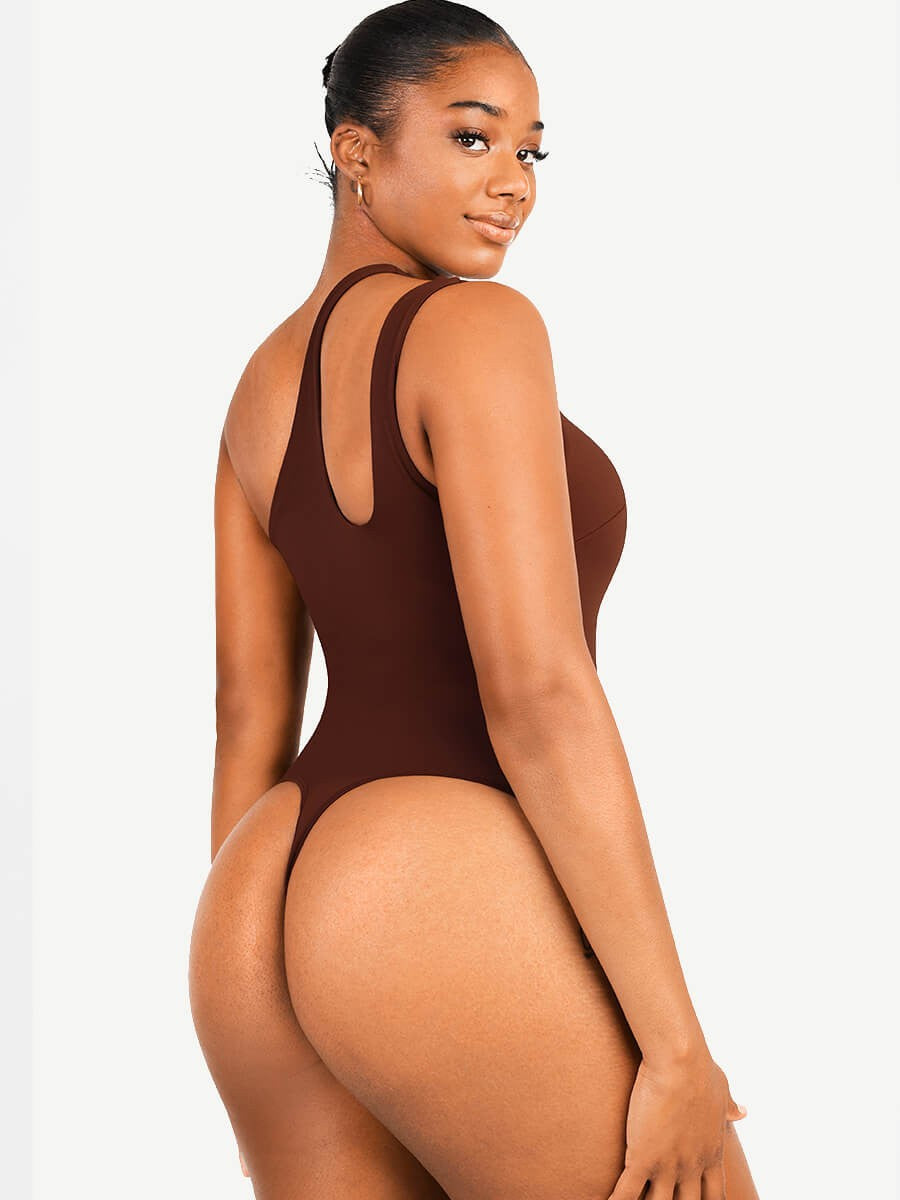 Asymmetrical Shoulder Cutout Shaping Bodysuit for Women – Tummy Control & Bust Support