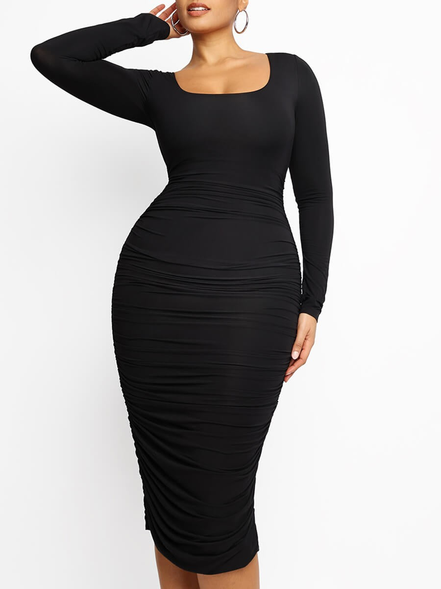 Square Neck Pleated Over-the-Knee Shaping Wear