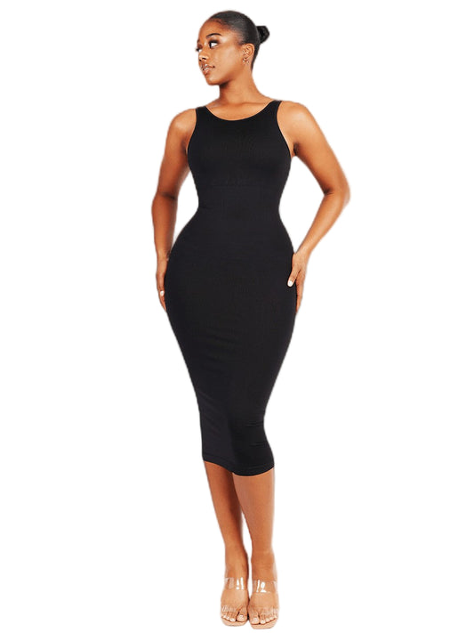 Woman wearing a black sleeveless dress on a white background