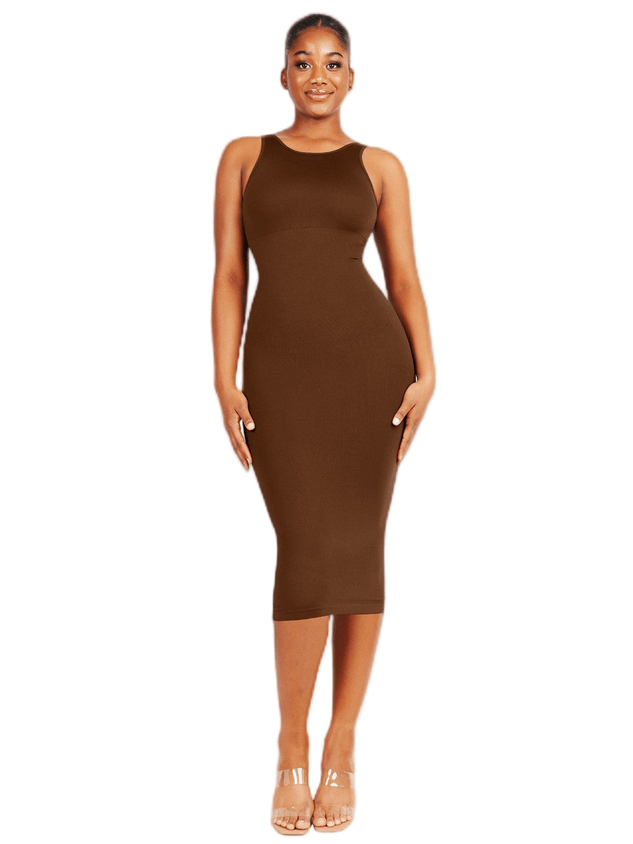 Woman wearing a brown sleeveless dress on a white background