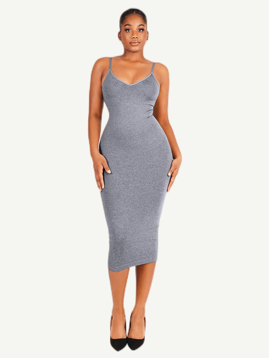 Spaghetti Strap V-Neck Maxi Shaper Dress – Elegant Body Sculpting Dress for Women
