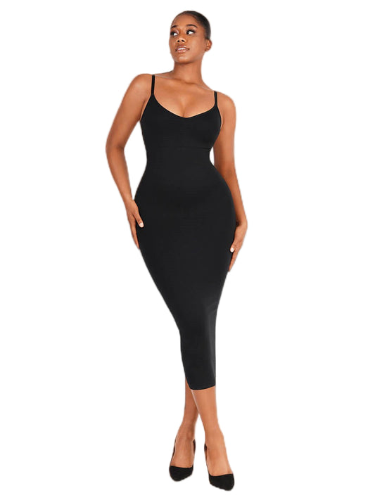Woman wearing a black bodycon dress on a white background