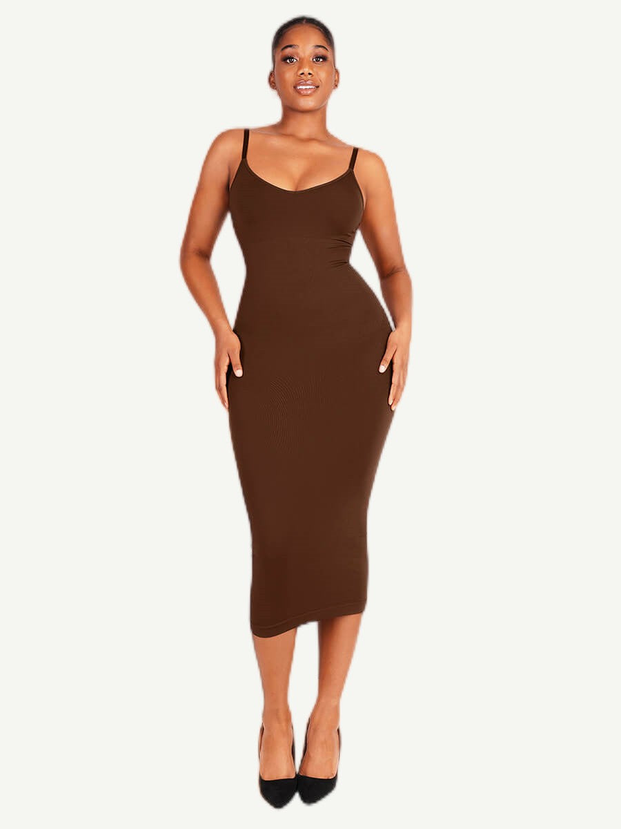 Spaghetti Strap V-Neck Maxi Shaper Dress – Elegant Body Sculpting Dress for Women