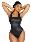 Gold Print Faux Leather Square Neck Bodysuit with Tummy Control & Open Crotch